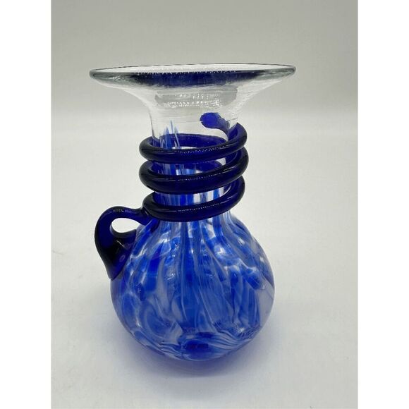 Murano Style Glass Vase Hand Blown w/ Handle 5” Blue - Picture 5 of 9